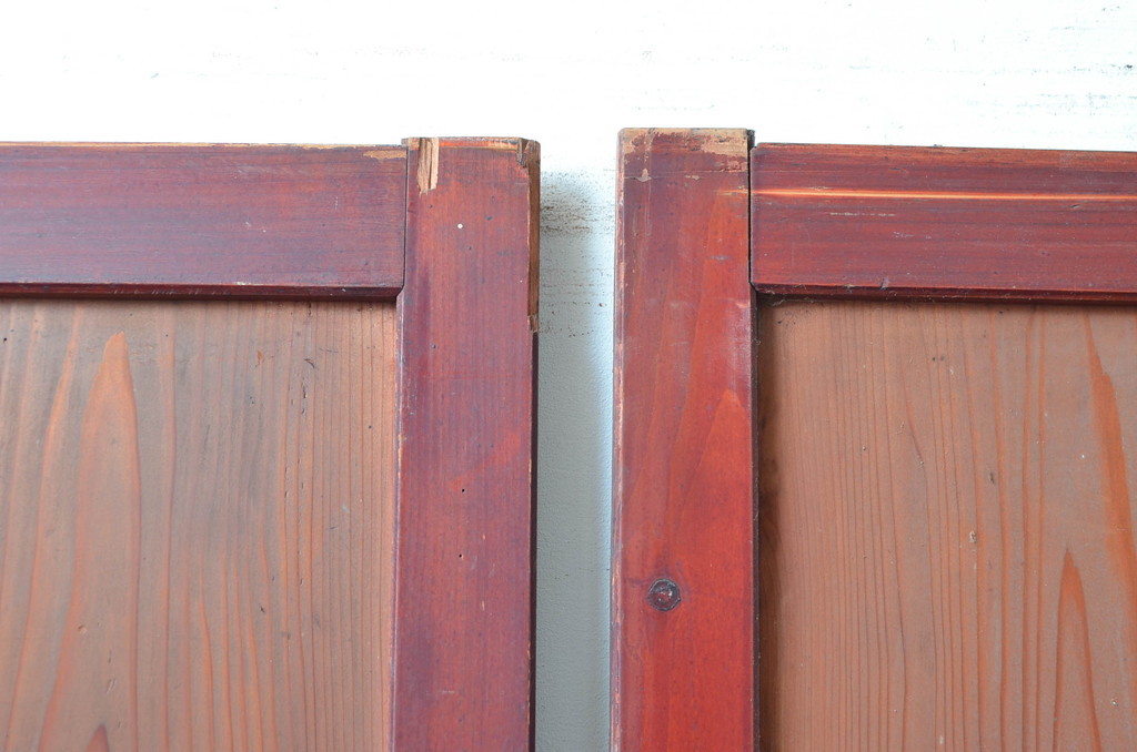 アンティーク建具　両面ガラス　赤みがかった木色が趣のある組子入りのガラス帯戸4枚セット(引き戸、板戸、ガラス戸、帯戸)(R-082551)