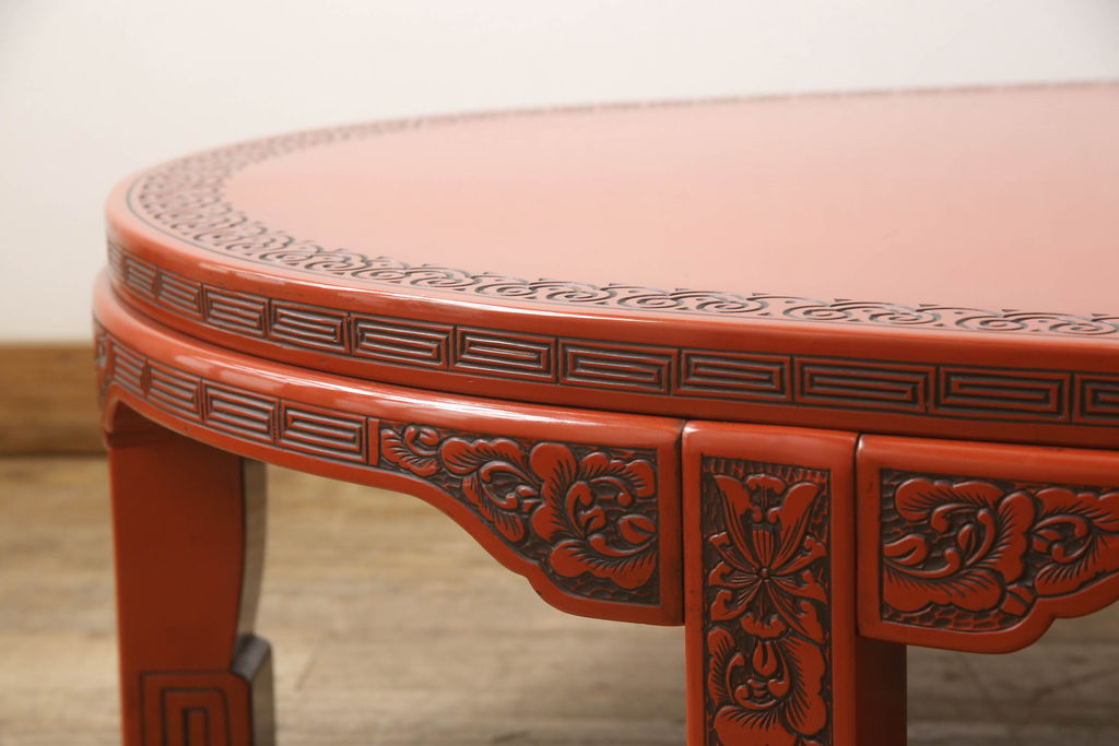 和製ビンテージ　中華風インテリアとも相性抜群!　楕円型の朱塗り座卓(ローテーブル、ヴィンテージ)(R-056027)