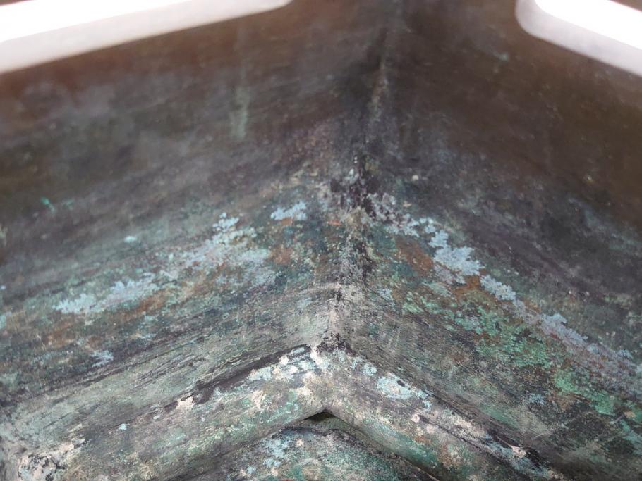 明治〜大正　六角　使い込むほどに味の出る古銅火鉢1対(手あぶり、鉢カバー、茶道具)(R-061898)