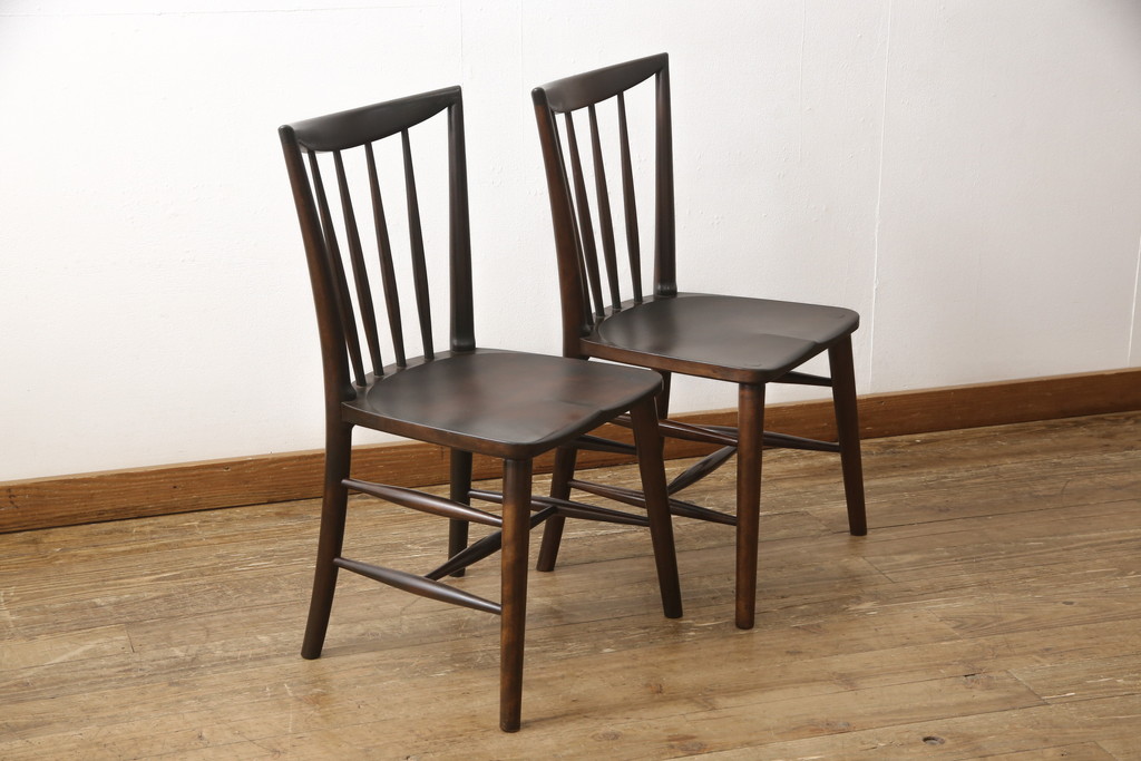 中古　美品　松本民芸家具　220F型　シックな佇まいが魅力的なチェア2脚セット(ダイニングチェア、板座チェア、椅子)(R-057809)