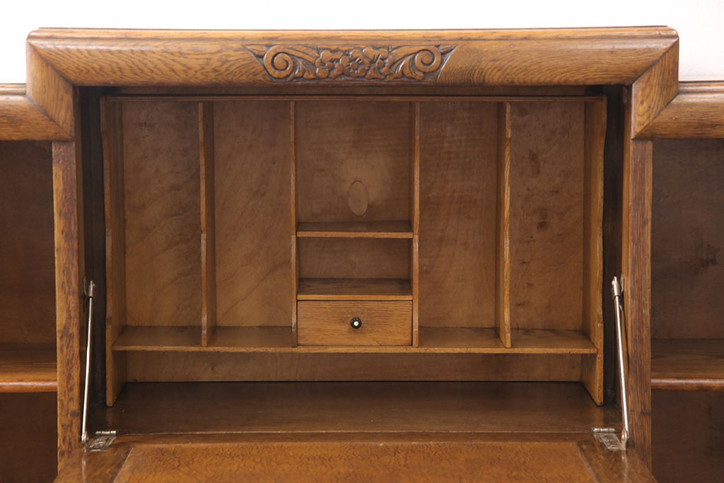 イギリスアンティーク　オーク材　サイドバイサイド　左右対称のデザインがおしゃれなキャビネット(ブックケース、本箱、収納棚、サイドキャビネット)(R-051820)