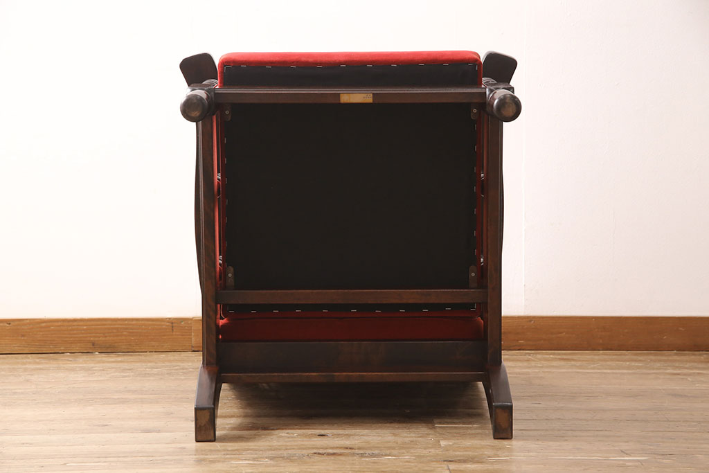 中古　松本民芸家具　赤色の生地がレトロで印象的な1人掛けソファ(チェア、一人掛けソファ)(R-052325)