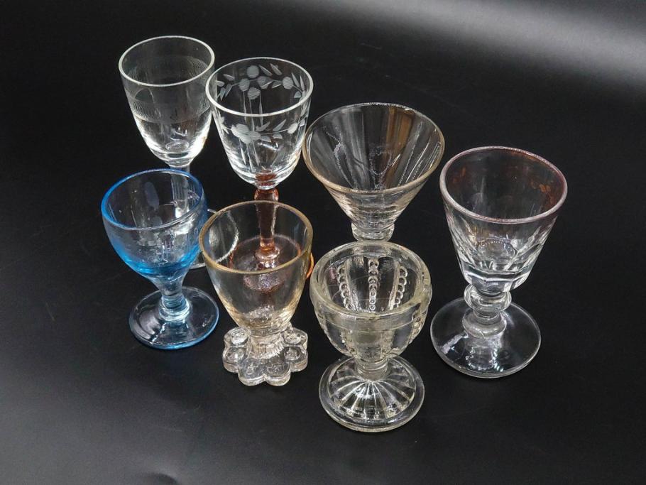 昭和初期　食卓をエレガントに演出するグラス7客セット(リキュール、ショット、酒杯、酒器、硝子、プレスガラス、和ガラス)(R-082886)