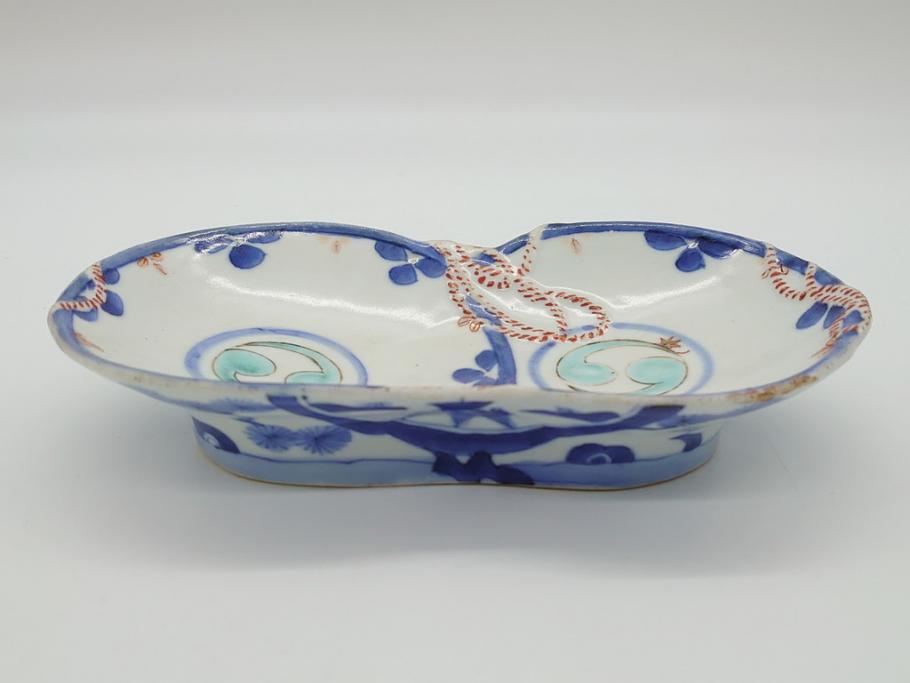 平戸焼 小柿製 色絵 染付 二つ巴紋 6寸皿 約18.5cm 縁起の良い