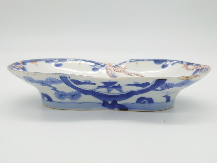 平戸焼 小柿製 色絵 染付 二つ巴紋 6寸皿 約18.5cm 縁起の良い
