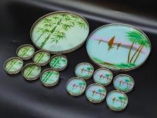昭和初期　竹　風景　ヨット　レトロな温かみを感じるデザインが素敵なガラストレー2点&コースター12点セット(船、舟、海、ヤシの木、硝子、ガラス盆、トレイ、コップ敷き)(R-082889)