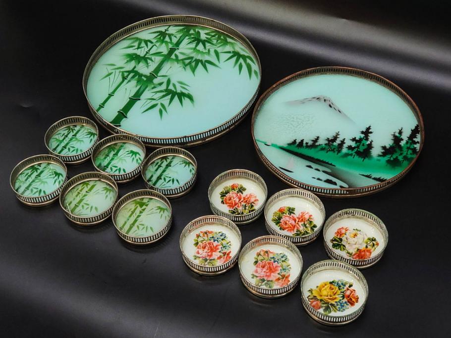 昭和初期　竹　花　落ち着いた佇まいのガラストレー2点&コースター12点セット(富士山?、薔薇、バラ、風景、硝子、ガラス盆、トレイ、コップ敷き)(R-082890)