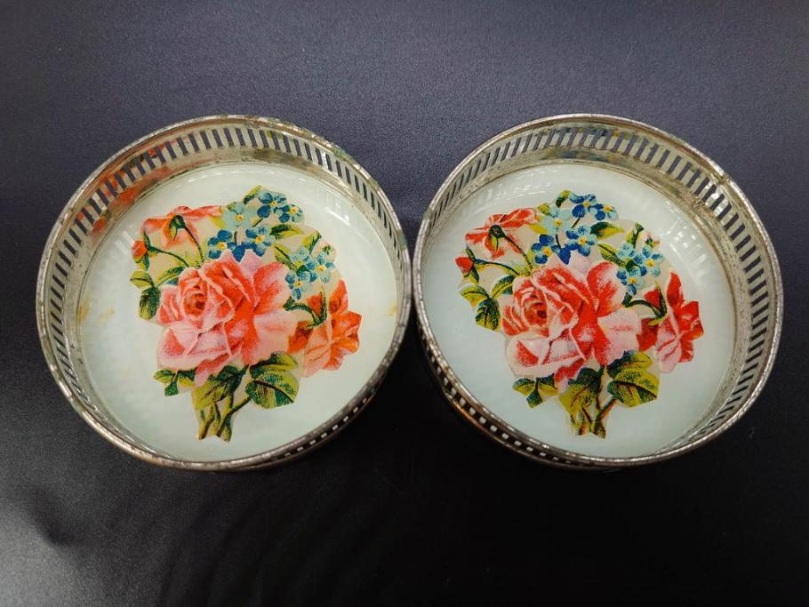 昭和初期　竹　花　落ち着いた佇まいのガラストレー2点&コースター12点セット(富士山?、薔薇、バラ、風景、硝子、ガラス盆、トレイ、コップ敷き)(R-082890)