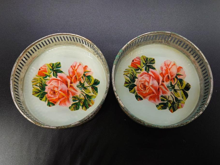 昭和初期　竹　花　落ち着いた佇まいのガラストレー2点&コースター12点セット(富士山?、薔薇、バラ、風景、硝子、ガラス盆、トレイ、コップ敷き)(R-082890)