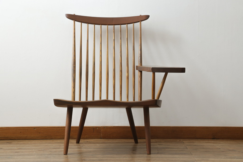 和製ヴィンテージ　小田急ハルク購入　ジョージナカシマ　LOUNGE ARM(ラウンジアーム)　One Arm(ワンアーム、片肘)　CN103　モダンに洗練された左アーム付きラウンジチェア(ジョージ・ナカシマ、アームチェア、イス、椅子、板座チェア、ビンテージ)(R-075938)
