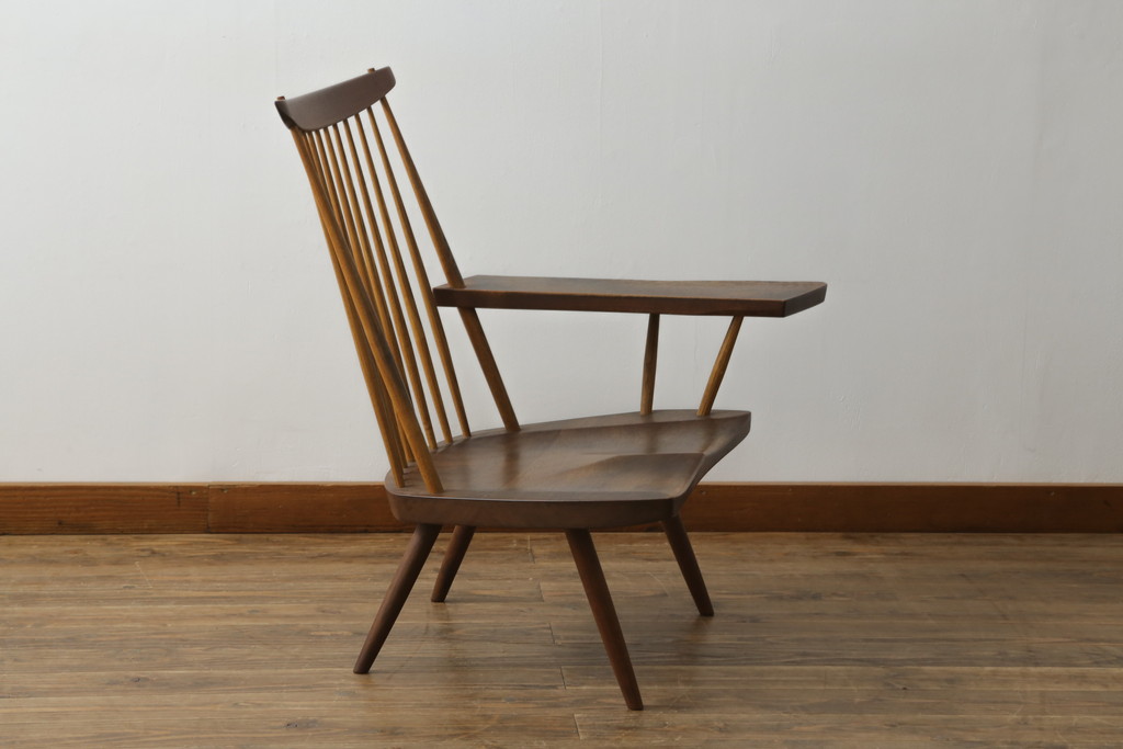 和製ヴィンテージ　小田急ハルク購入　ジョージナカシマ　LOUNGE ARM(ラウンジアーム)　One Arm(ワンアーム、片肘)　CN103　モダンに洗練された左アーム付きラウンジチェア(ジョージ・ナカシマ、アームチェア、イス、椅子、板座チェア、ビンテージ)(R-075938)