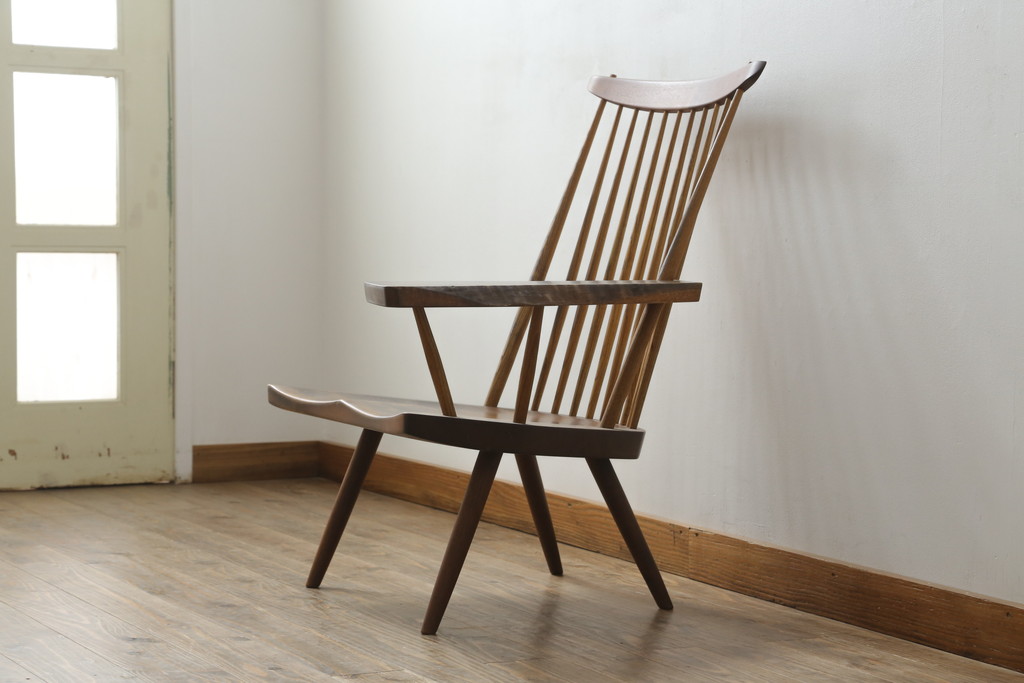 和製ヴィンテージ　小田急ハルク購入　ジョージナカシマ　LOUNGE ARM(ラウンジアーム)　One Arm(ワンアーム、片肘)　CN103　モダンに洗練された左アーム付きラウンジチェア(ジョージ・ナカシマ、アームチェア、イス、椅子、板座チェア、ビンテージ)(R-075938)