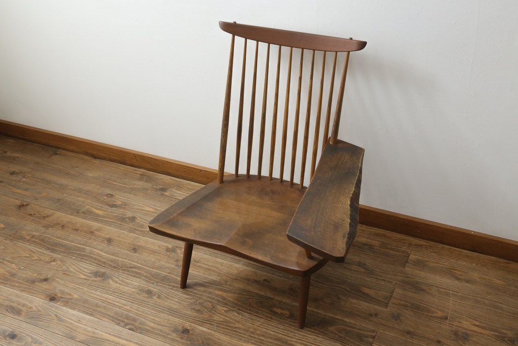 和製ヴィンテージ　小田急ハルク購入　ジョージナカシマ　LOUNGE ARM(ラウンジアーム)　One Arm(ワンアーム、片肘)　CN103　モダンに洗練された左アーム付きラウンジチェア(ジョージ・ナカシマ、アームチェア、イス、椅子、板座チェア、ビンテージ)(R-075938)