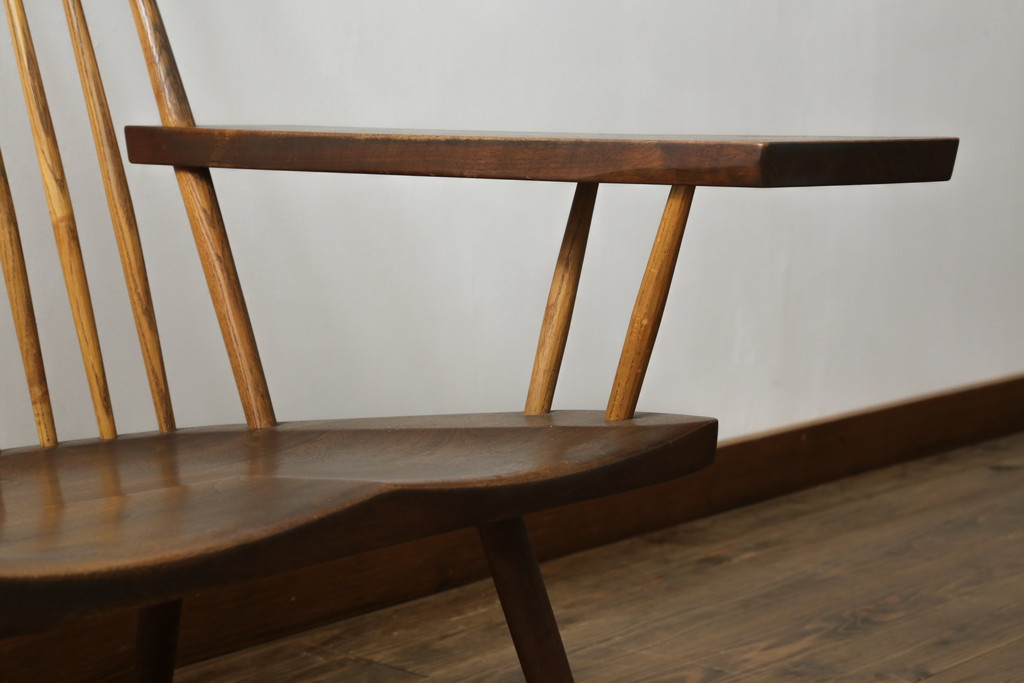 和製ヴィンテージ　小田急ハルク購入　ジョージナカシマ　LOUNGE ARM(ラウンジアーム)　One Arm(ワンアーム、片肘)　CN103　モダンに洗練された左アーム付きラウンジチェア(ジョージ・ナカシマ、アームチェア、イス、椅子、板座チェア、ビンテージ)(R-075938)