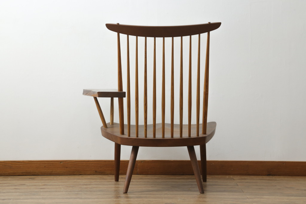 和製ヴィンテージ　小田急ハルク購入　ジョージナカシマ　LOUNGE ARM(ラウンジアーム)　One Arm(ワンアーム、片肘)　CN103　モダンに洗練された左アーム付きラウンジチェア(ジョージ・ナカシマ、アームチェア、イス、椅子、板座チェア、ビンテージ)(R-075938)