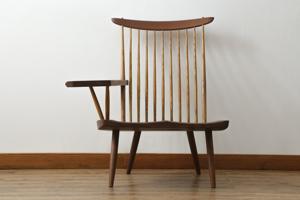 和製ヴィンテージ　小田急ハルク購入　ジョージナカシマ　LOUNGE ARM(ラウンジアーム)　One Arm(ワンアーム、片肘)　CN103　モダンに洗練された右アーム付きラウンジチェア(ジョージ・ナカシマ、アームチェア、イス、椅子、板座チェア、ビンテージ)(R-075939)