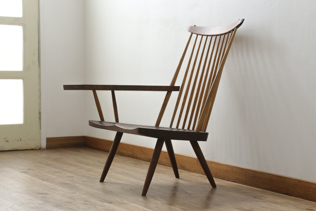 和製ヴィンテージ　小田急ハルク購入　ジョージナカシマ　LOUNGE ARM(ラウンジアーム)　One Arm(ワンアーム、片肘)　CN103　モダンに洗練された右アーム付きラウンジチェア(ジョージ・ナカシマ、アームチェア、イス、椅子、板座チェア、ビンテージ)(R-075939)