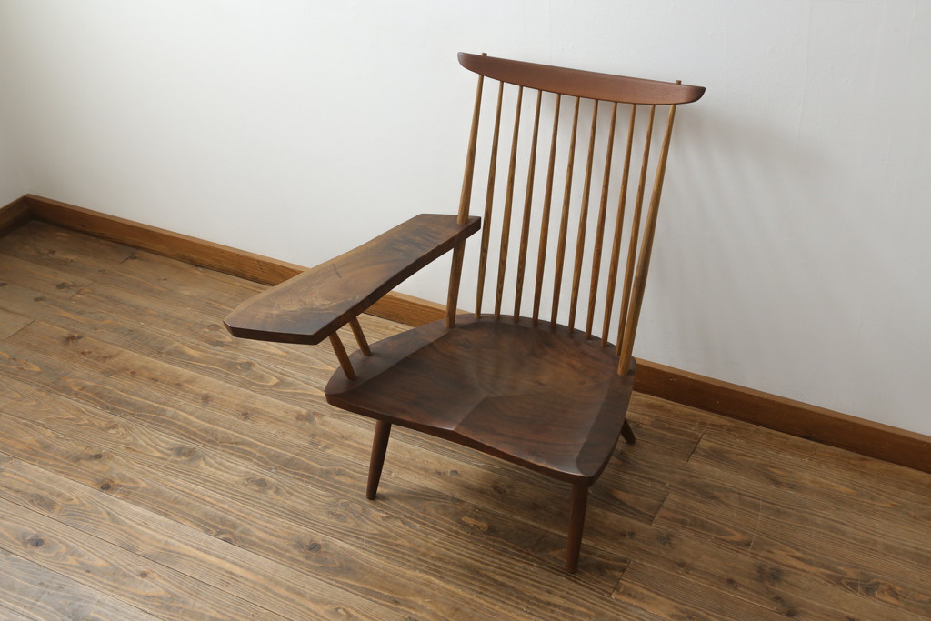 和製ヴィンテージ　小田急ハルク購入　ジョージナカシマ　LOUNGE ARM(ラウンジアーム)　One Arm(ワンアーム、片肘)　CN103　モダンに洗練された右アーム付きラウンジチェア(ジョージ・ナカシマ、アームチェア、イス、椅子、板座チェア、ビンテージ)(R-075939)