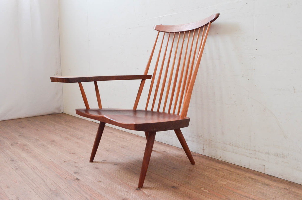 和製ヴィンテージ　小田急ハルク購入　ジョージナカシマ　LOUNGE ARM(ラウンジアーム)　One Arm(ワンアーム、片肘)　CN103　モダンに洗練された右アーム付きラウンジチェア(ジョージ・ナカシマ、アームチェア、イス、椅子、板座チェア、ビンテージ)(R-074175)