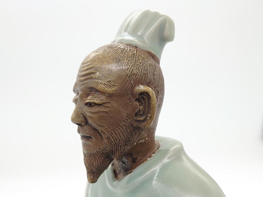 希少　中国?　古玩　青磁　唐人　人物像(人形、置物、唐物?、芭蕉扇?)(R-061967)