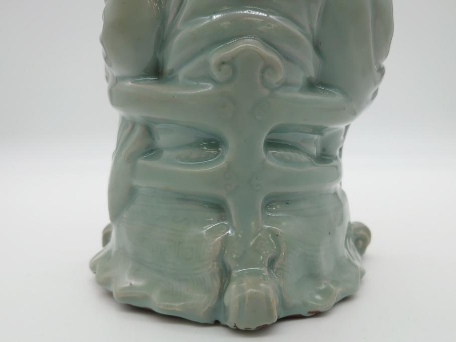 希少　中国?　古玩　青磁　唐人　人物像(人形、置物、唐物?、芭蕉扇?)(R-061967)