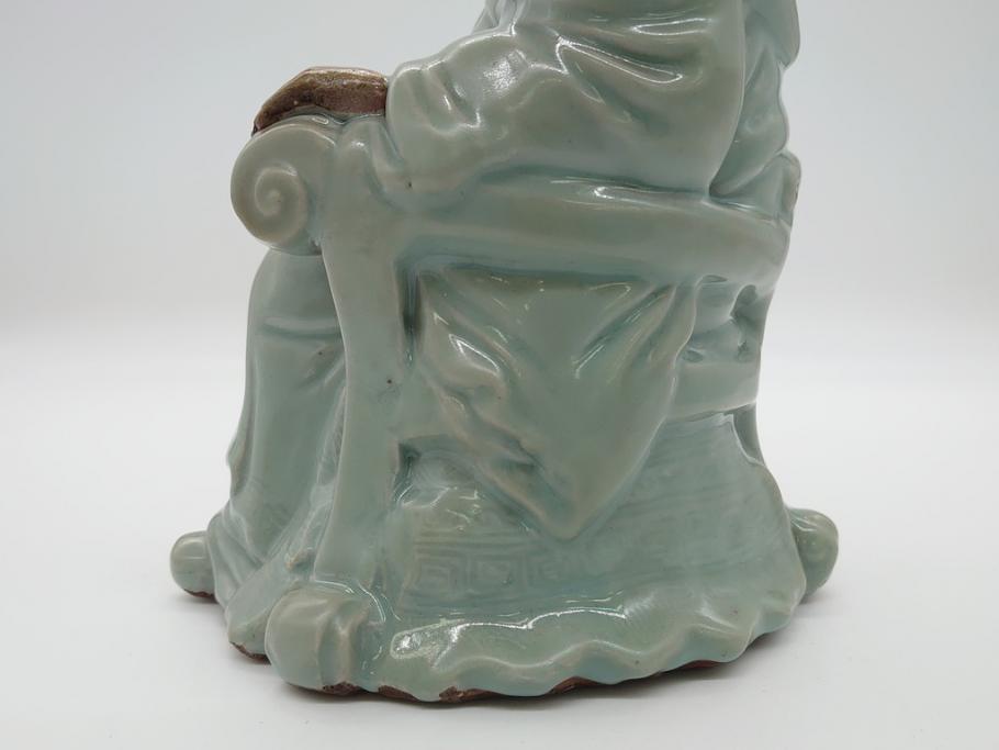 希少　中国?　古玩　青磁　唐人　人物像(人形、置物、唐物?、芭蕉扇?)(R-061967)
