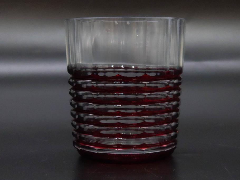 昭和初期　切子　色被せガラス　赤　空間に品格をもたらす水差し&グラスセット(コップ、冠水瓶、ピッチャー、硝子、和ガラス)(R-082892)