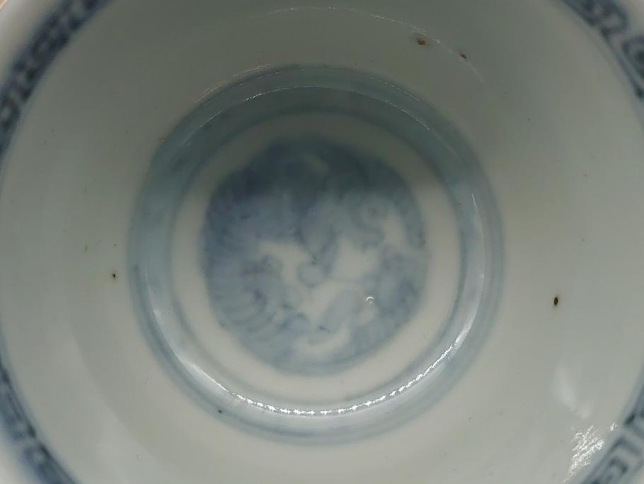 幕末〜明治　伊万里　色絵　染付　角富　牡丹文　食卓に華やかな彩りをもたらす猪口7客セット(和食器、雷紋、角冨)(R-061969)