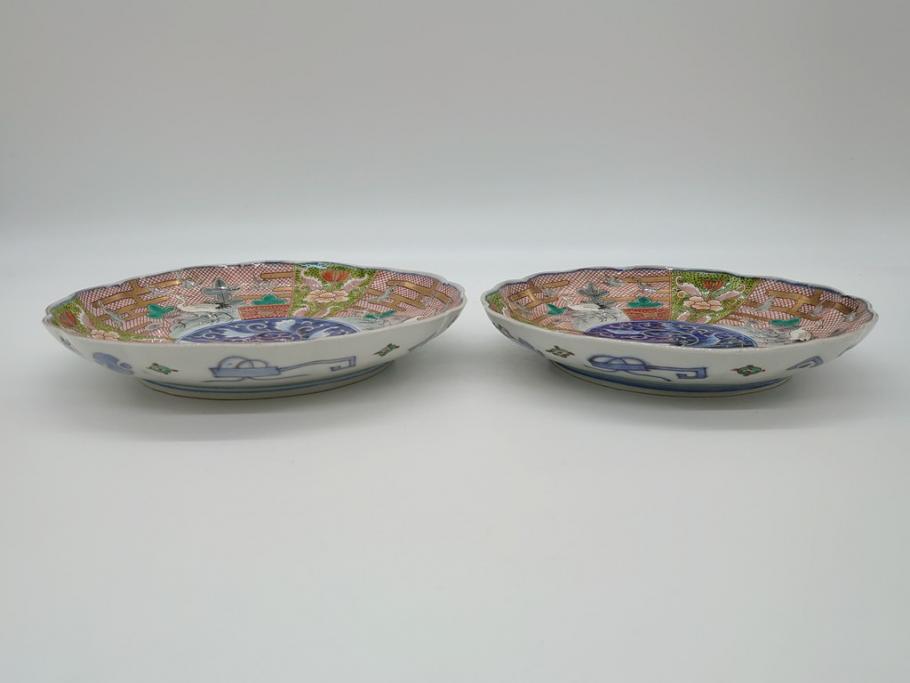 明治期　伊万里　色絵　金襴手　角冨　松鶴図　色彩鮮やかな吉祥図が目を引く皿(大8寸　約24cm・小7寸　約21.5cm)2枚セット(八寸、七寸、角富、和食器、和皿)(R-061971)