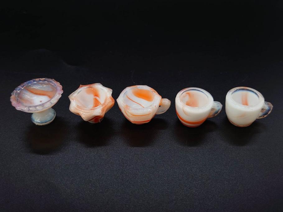 昭和初期　ガラス　マーブル　緻密な造りに目を奪われるミニチュア食器46点セット(コップ、皿、ペロペロ、ままごと、コンポート、カップ、硝子)(R-082894)