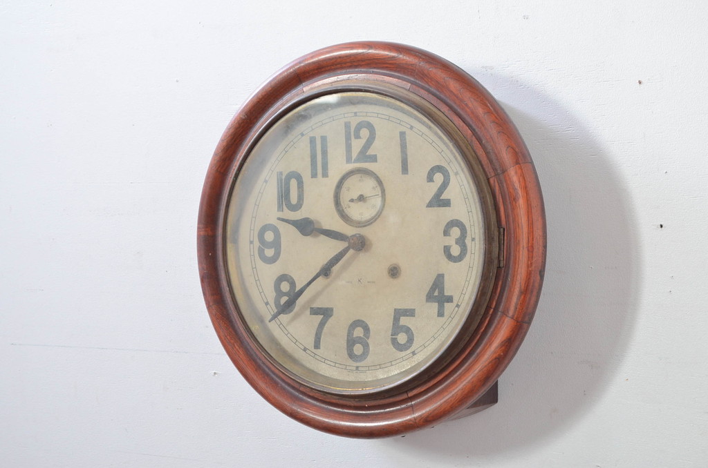 和製アンティーク　明治大正期　愛知県時計製造共同組合(AICHIKEN CLOCK-MAKERS' UNION'S MARK) シンプルな丸いフォルムのレトロな掛け時計(古時計、柱時計)(R-082071)