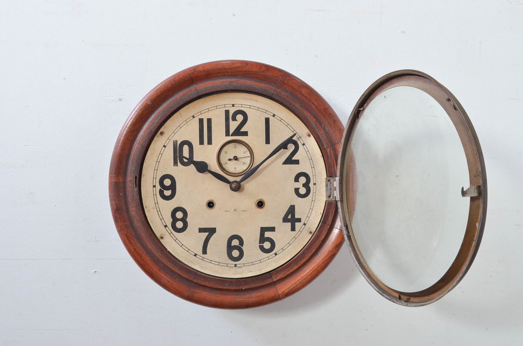 和製アンティーク　明治大正期　愛知県時計製造共同組合(AICHIKEN CLOCK-MAKERS' UNION'S MARK) シンプルな丸いフォルムのレトロな掛け時計(古時計、柱時計)(R-082071)