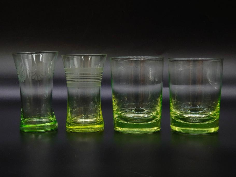 大正〜昭和初期　ウランガラス　美しい色合いが魅力のコップ4客セット(グラス、花模様、硝子、和ガラス)(R-082898)
