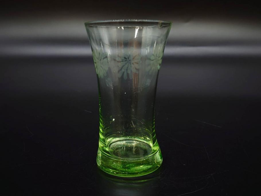 大正〜昭和初期　ウランガラス　美しい色合いが魅力のコップ4客セット(グラス、花模様、硝子、和ガラス)(R-082898)
