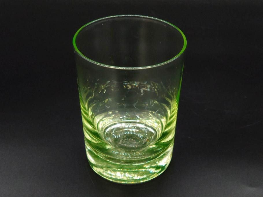 大正〜昭和初期　ウランガラス　美しい色合いが魅力のコップ4客セット(グラス、花模様、硝子、和ガラス)(R-082898)