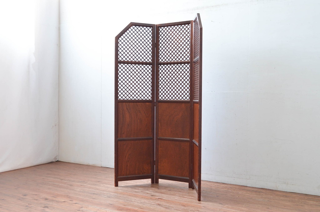 中古　美品　カントリーハウス　秋山木工(職人堅木)　組子細工が美しい3連パーテーション(衝立て、つい立て、間仕切り、折り畳み)(R-082548)