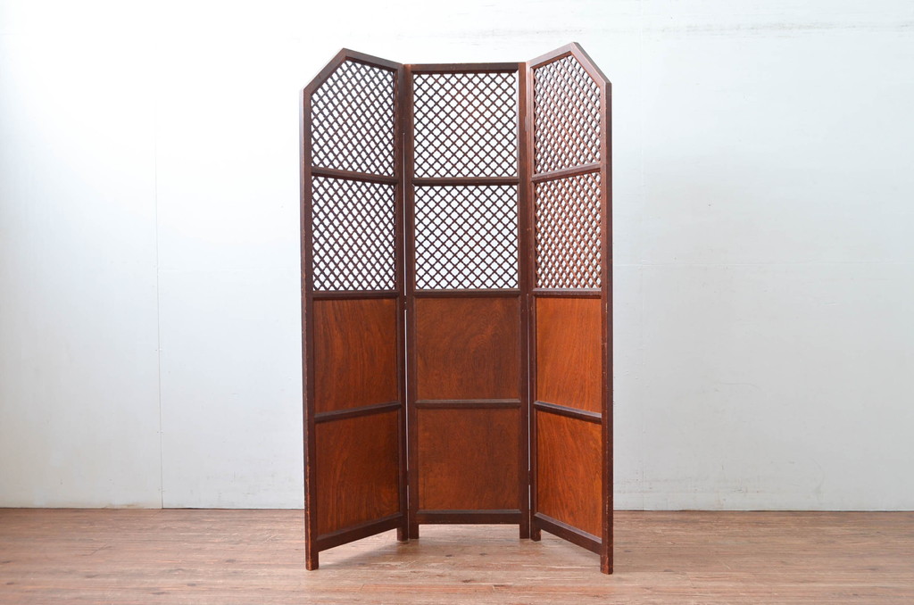 中古　美品　カントリーハウス　秋山木工(職人堅木)　組子細工が美しい3連パーテーション(衝立て、つい立て、間仕切り、折り畳み)(R-082548)