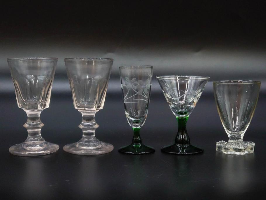 大正〜昭和初期　ガラス　切子　上品な佇まいのグラス10客セット(花、リキュール、ショット、酒器、酒杯、硝子、和ガラス)(R-082899)
