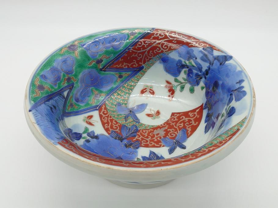 江戸期　古伊万里　色絵　染付　花蝶図　7.3寸皿　約22cm　優雅に舞う藍色の蝶が上品かつ涼し気な深鉢(七寸三分、深皿、和食器、和皿)(R-061978)