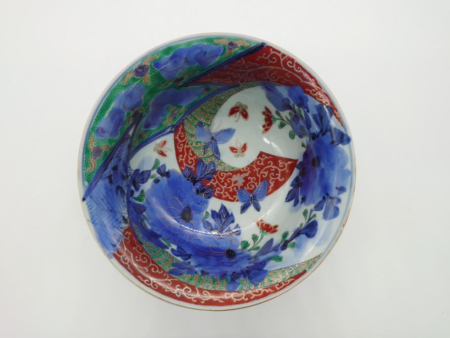 江戸期　古伊万里　色絵　染付　花蝶図　7.3寸皿　約22cm　優雅に舞う藍色の蝶が上品かつ涼し気な深鉢(七寸三分、深皿、和食器、和皿)(R-061978)