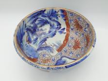 江戸期　古伊万里　色絵　染付　山水文　1尺皿　約31.5　藍色の濃淡で表現された図が魅力的な深鉢(一尺、深皿、和食器、和皿)(R-061979)