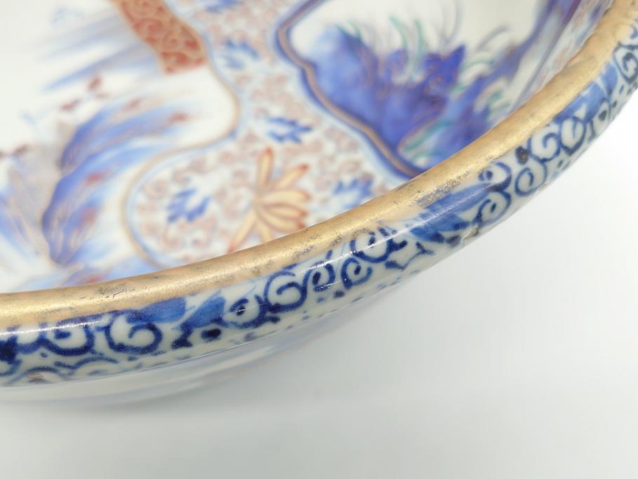 江戸期　古伊万里　色絵　染付　山水文　1尺皿　約31.5cm　藍色の濃淡で表現された図が魅力的な深鉢(一尺、深皿、和食器、和皿)(R-061979)