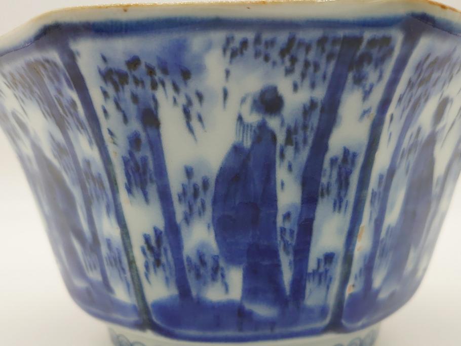 江戸期　古伊万里　染付　麒麟　竹林　賢人　6.4寸皿　約19.5cm　藍の濃淡で表現された圧巻の絵付けが魅力の八角深鉢(六寸四分、深皿、変形皿、和食器、和皿)(R-062044)