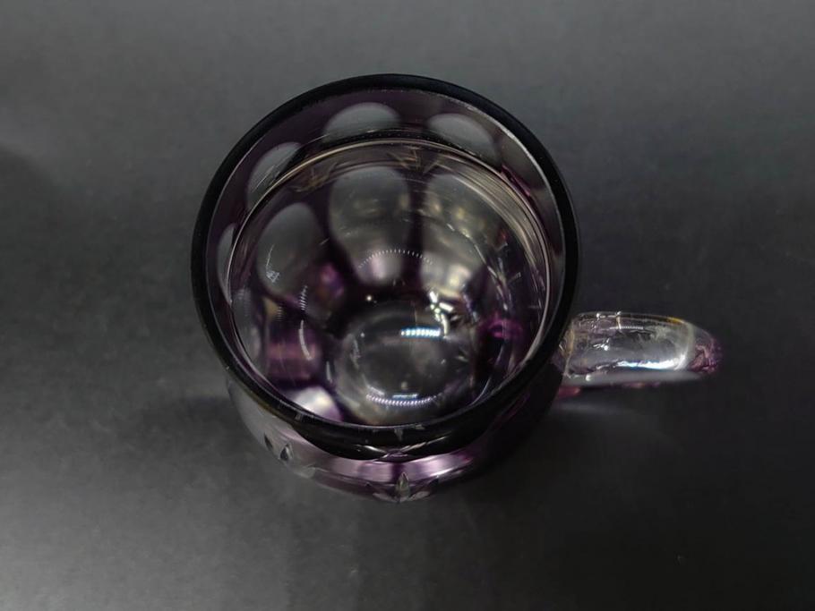 大正～昭和初期　切子　色被せ　紫　ガラス　深みのある色合いが美しく輝くミニカップ&ソーサー6客セット(デミタス、エスプレッソ、C&S、碗皿、硝子、和ガラス、ケース付)(R-082918)