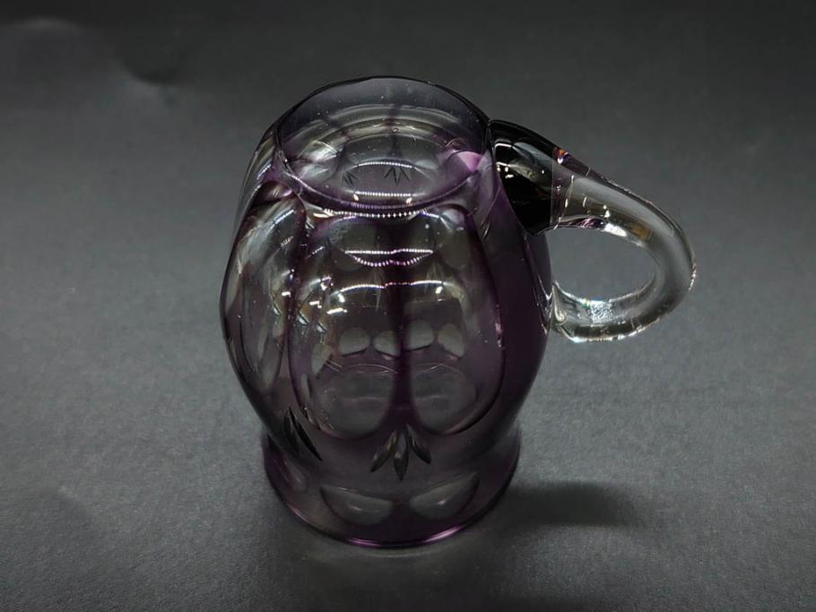 大正～昭和初期　切子　色被せ　紫　ガラス　深みのある色合いが美しく輝くミニカップ&ソーサー6客セット(デミタス、エスプレッソ、C&S、碗皿、硝子、和ガラス、ケース付)(R-082918)