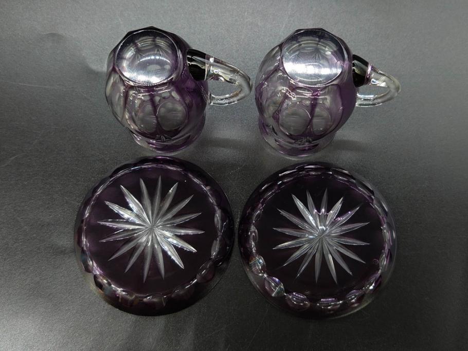 大正～昭和初期　切子　色被せ　紫　ガラス　深みのある色合いが美しく輝くミニカップ&ソーサー6客セット(デミタス、エスプレッソ、C&S、碗皿、硝子、和ガラス、ケース付)(R-082918)