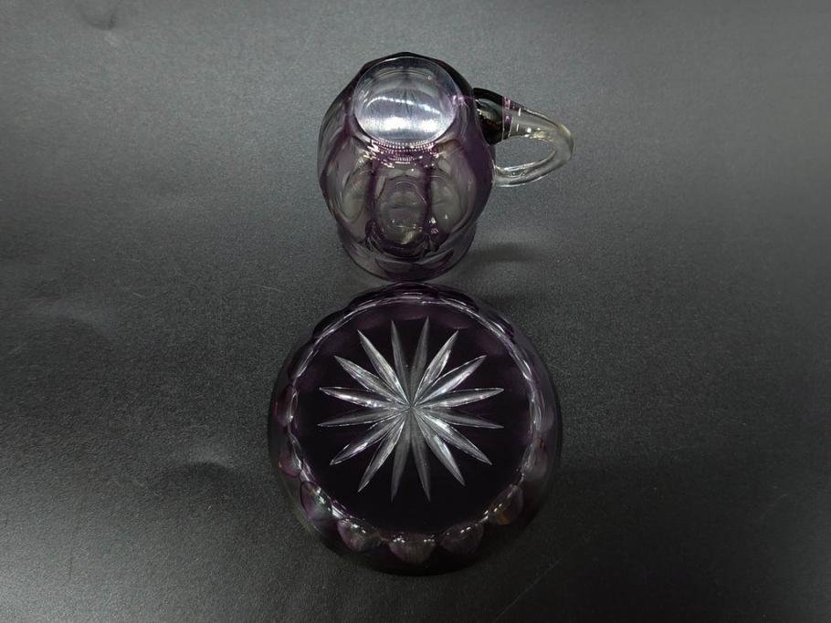 大正～昭和初期　切子　色被せ　紫　ガラス　深みのある色合いが美しく輝くミニカップ&ソーサー6客セット(デミタス、エスプレッソ、C&S、碗皿、硝子、和ガラス、ケース付)(R-082918)