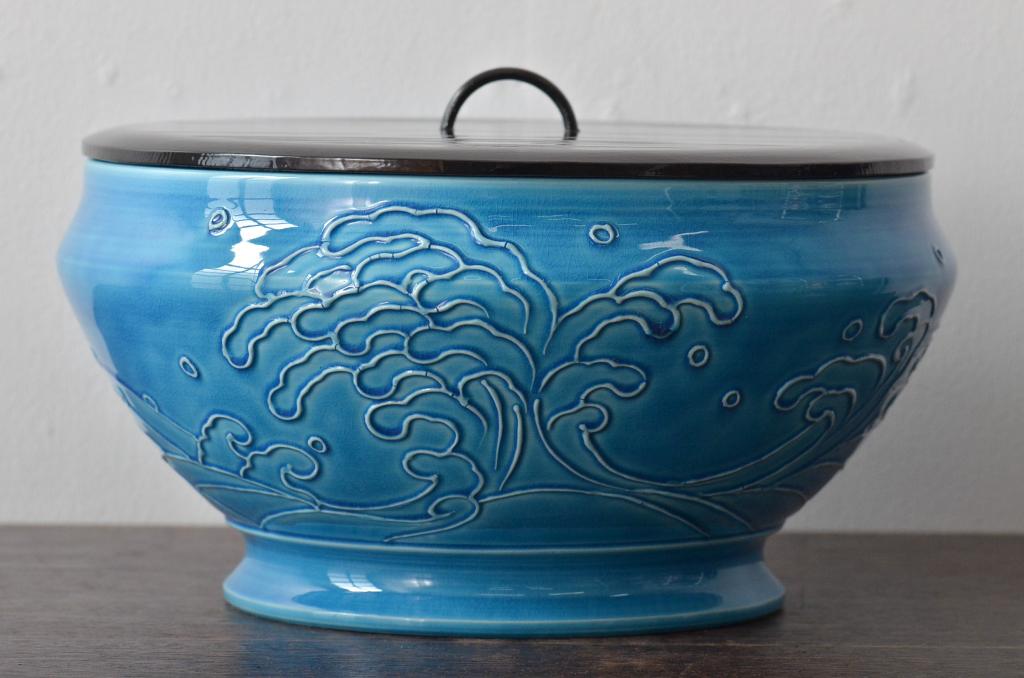 真葛香斎　浅黄交趾波之絵　平水指　共箱　茶道具(R-045164)