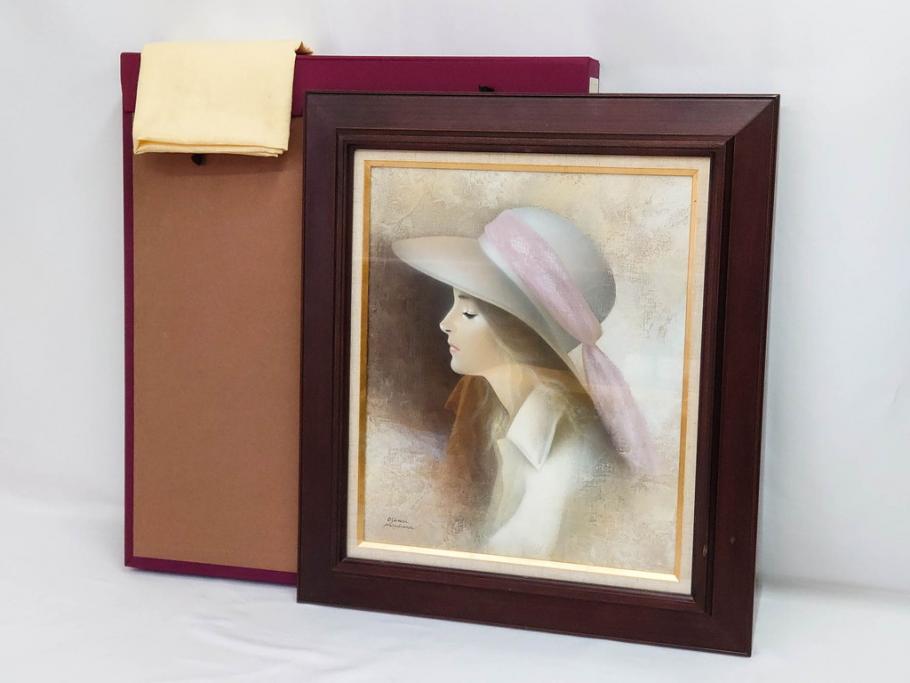 真作　中原脩　「帽子の女」　F8(8号)　絵画(油彩、油絵、人物画、美人画、サイン入り、額装、外箱付)(R-082921)