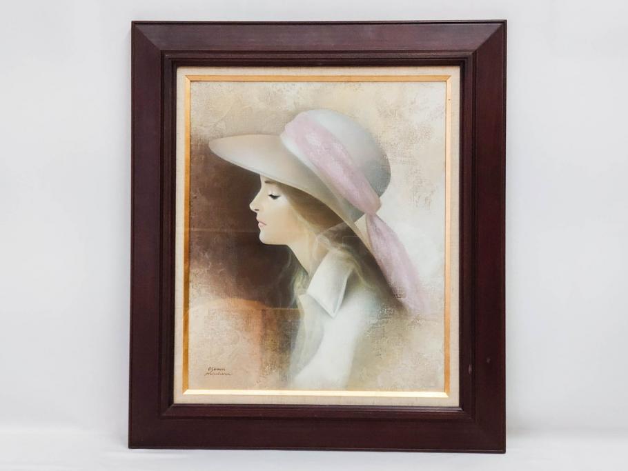 真作　中原脩　「帽子の女」　F8(8号)　絵画(油彩、油絵、人物画、美人画、サイン入り、額装、外箱付)(R-082921)